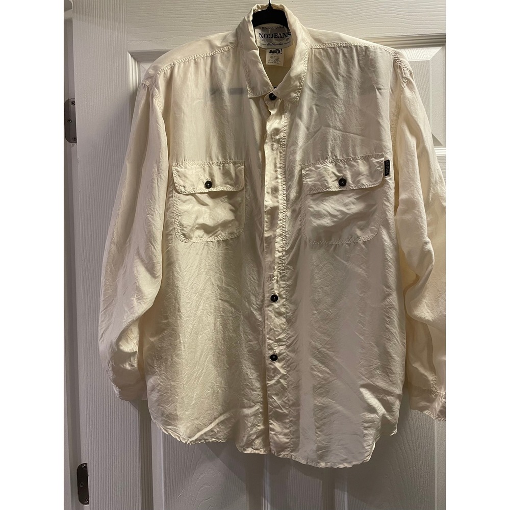 Vintage 80s 90s Absolutely No! Jeans Silk Blouse Size L Ivory Shoulder Pads Chic